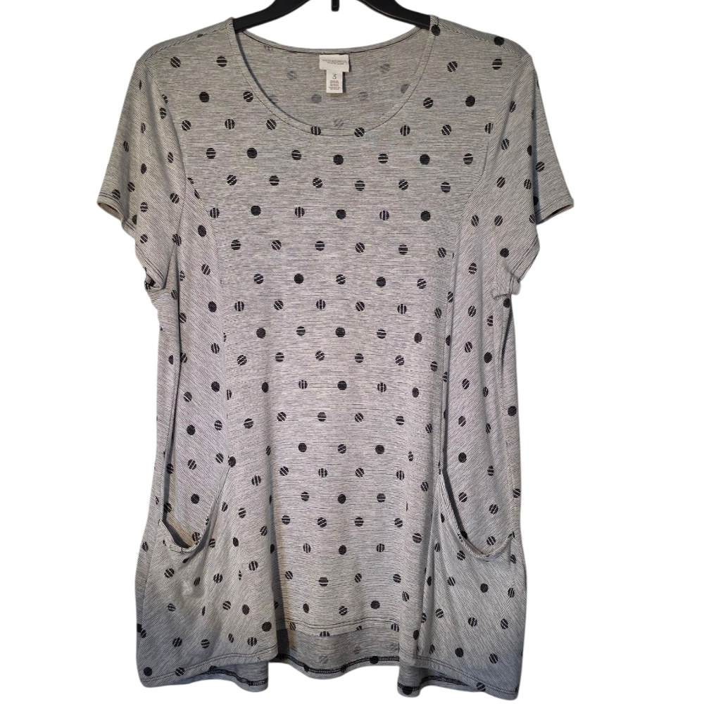 Chico's Weekends Gray Black Polka Dot Women's Top With Pockets XL EUC